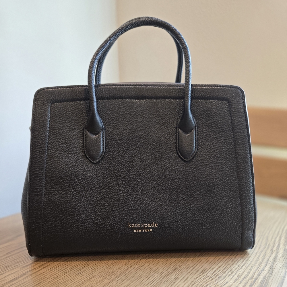 kate spade Black Pebbled Leather Satchel with Gold Logo